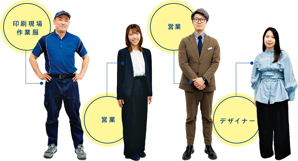 印刷現場作業服、営業、デザイナー